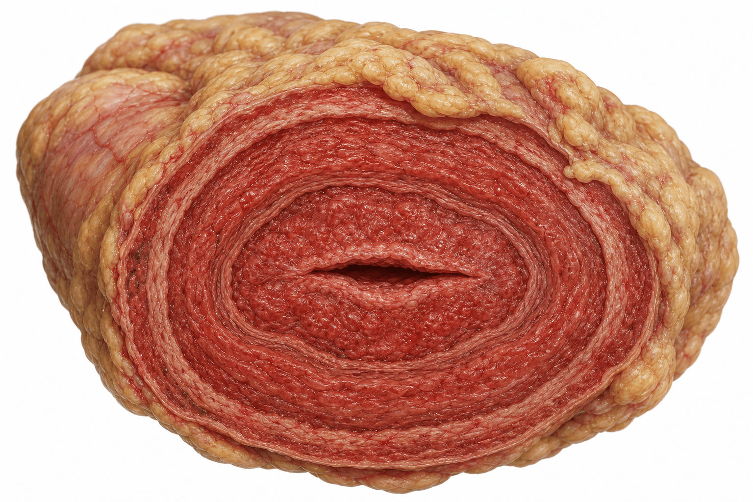 Cross-section illustration of a segment of intestine. Every layer of the wall, from the innermost lining out to the outer surface, is thickened and deep red, and the channel through the middle is squeezed to a narrow slit. Fatty tissue creeps up over the outside of the bowel.