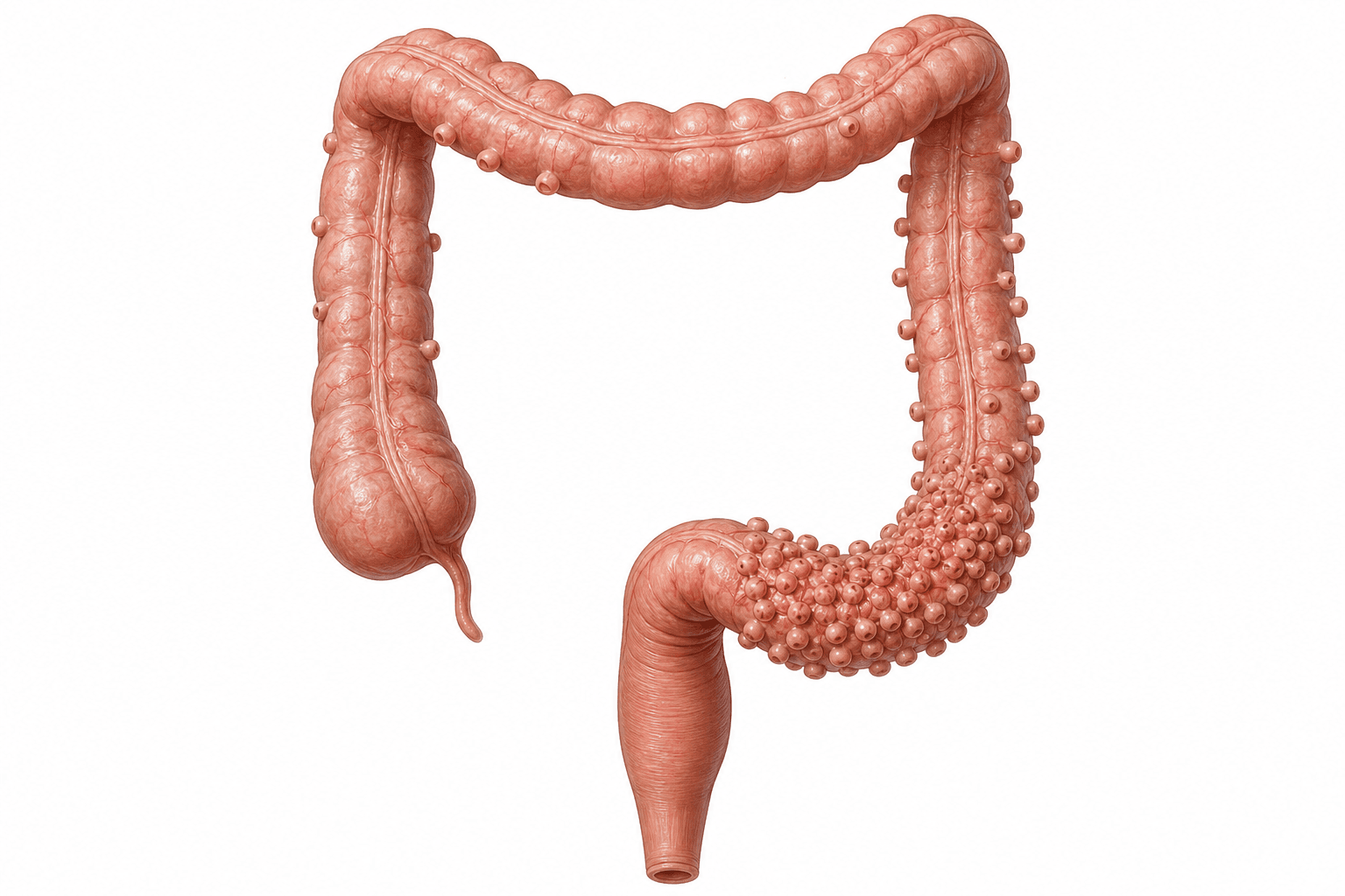 Anatomical illustration of the large bowel seen from the front with small rounded pouches budding from its outer surface. They are occasional along the ascending and transverse colon, more numerous along the descending colon, and densely crowded along the sigmoid colon near the bottom. The rectum below has none.