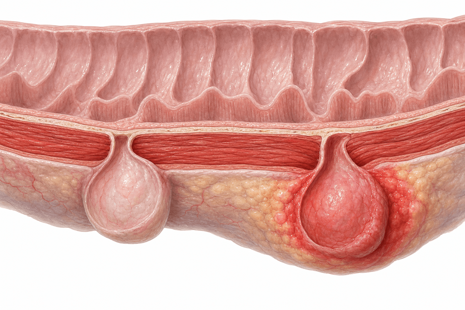 Cutaway cross-section of the wall of the large bowel showing the folded inner lining, a thin pale layer, a band of red muscle and the outer surface. In two places the lining balloons out through a small gap in the muscle to form a rounded pouch sitting outside it. The pouch on the left is pale and calm; the pouch on the right is reddened, and the fatty tissue around it is swollen.
