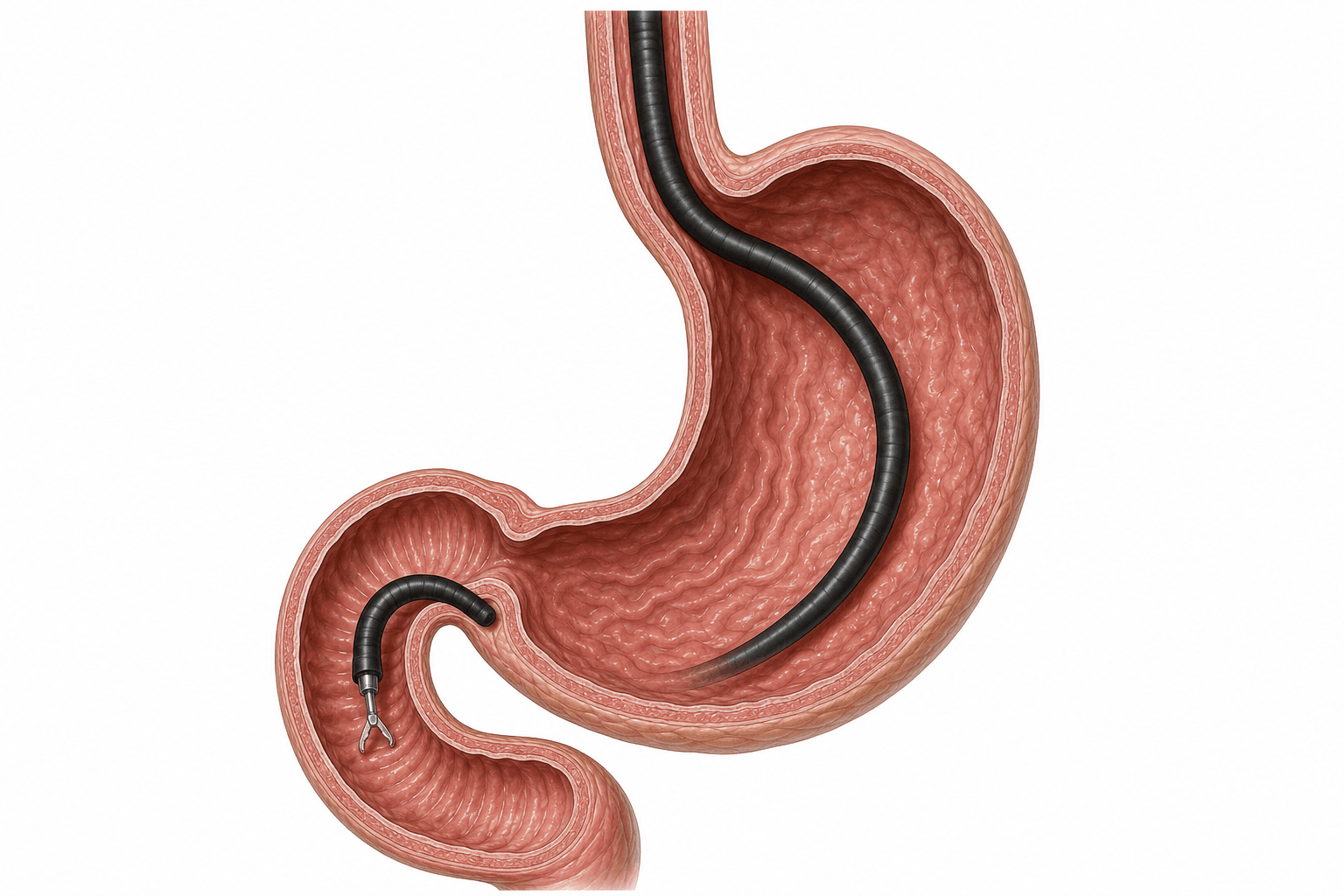 Cutaway illustration of the gullet, stomach and the first C-shaped stretch of small intestine. A slender black endoscope runs down the gullet, through the stomach and around into that first stretch, with small forceps extending from its tip against the lining.