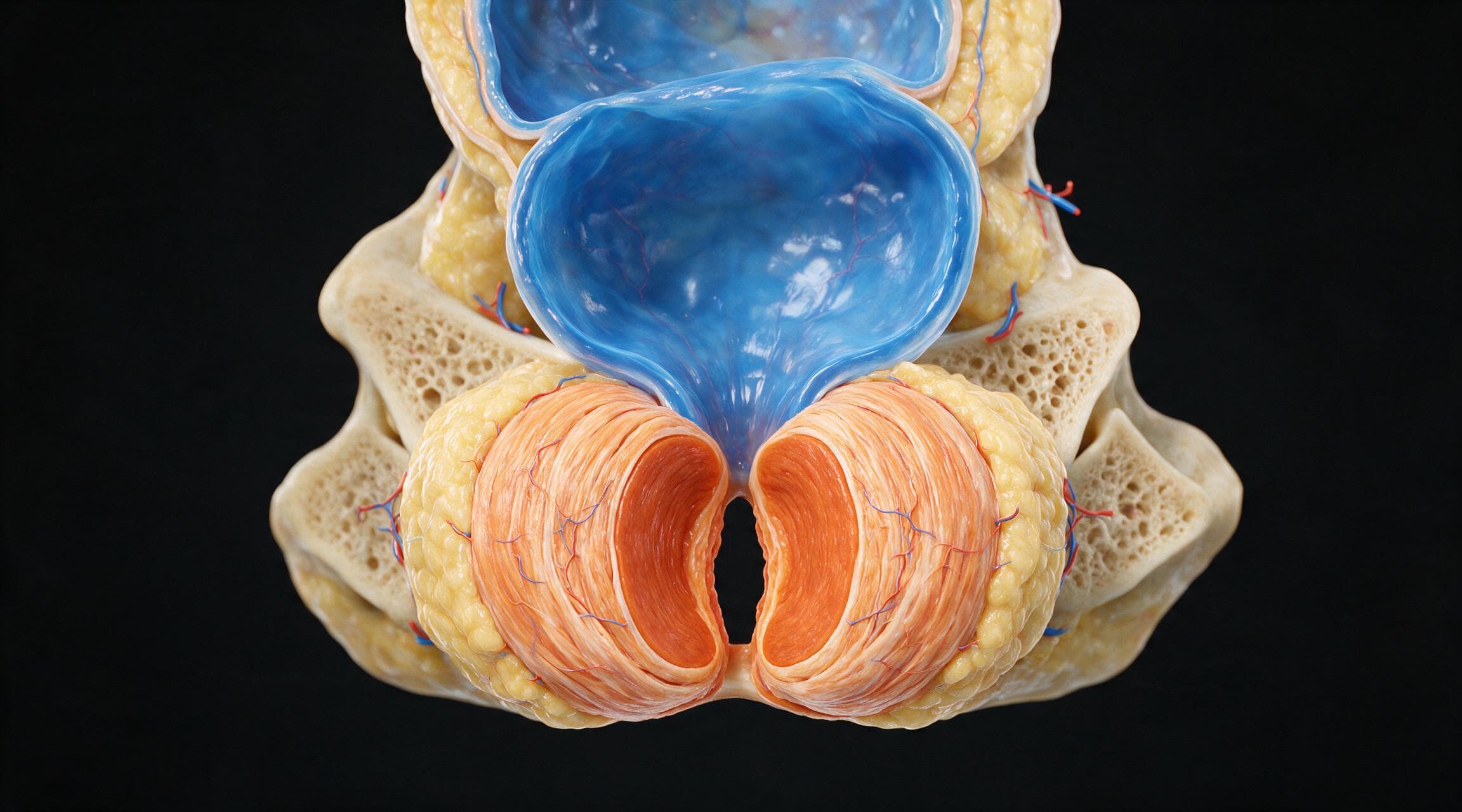 Anatomical rendering looking down into the bony pelvis. The bladder sits above in blue, and beneath it the paired muscles of the pelvic floor are shown in detail in orange, forming the sling that supports the organs above and holds the passage closed.