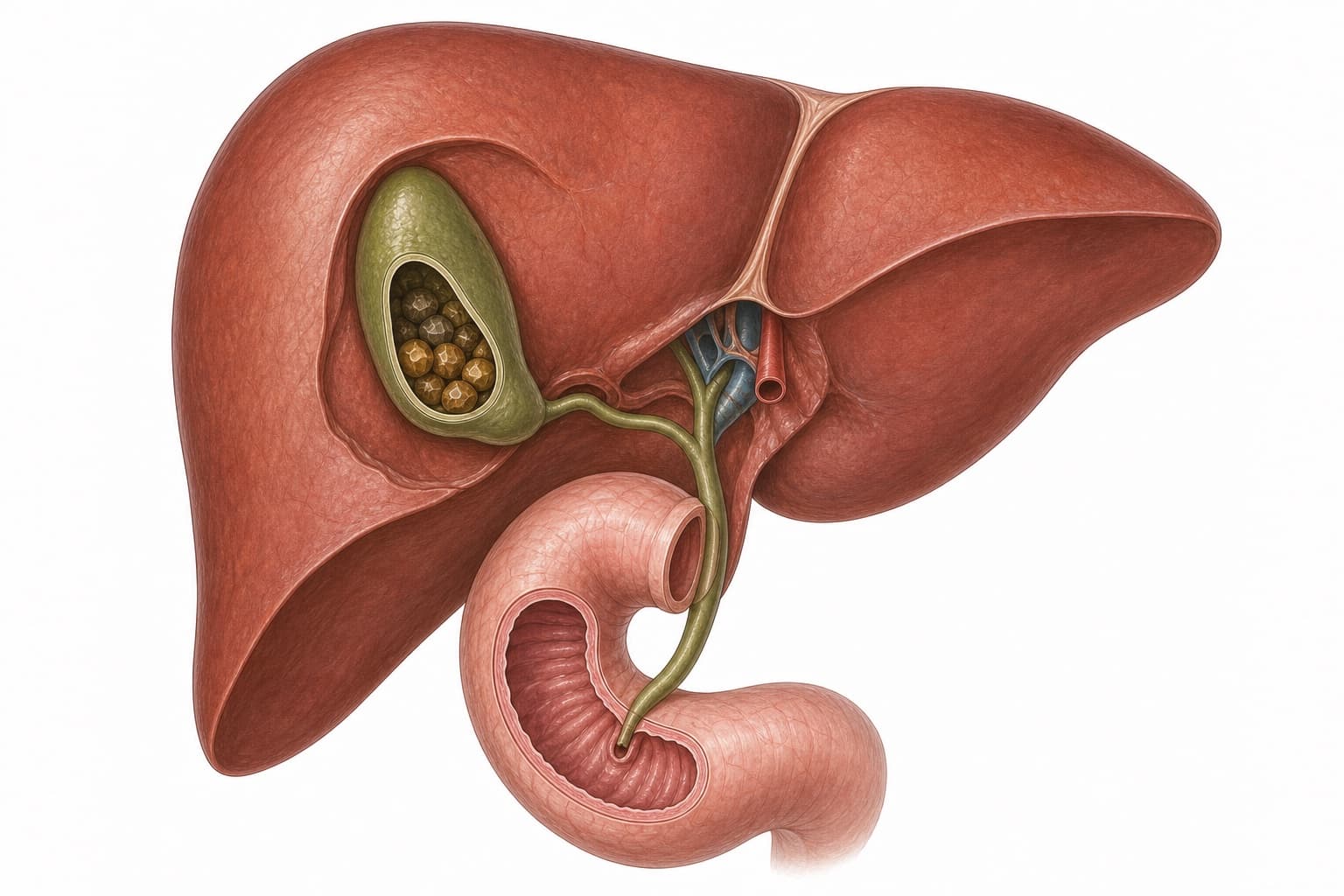 Cutaway illustration of the liver with the gallbladder opened to show multiple gallstones inside, and the bile duct running down behind the stomach to join the small intestine.