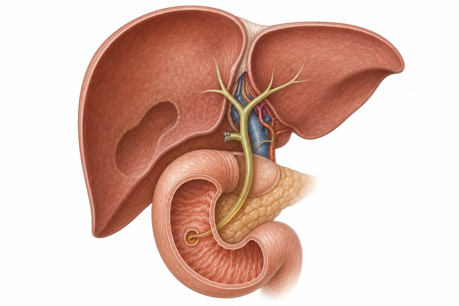 Anatomical illustration of the underside of the liver after the gallbladder has been removed. The hollow where it used to sit is empty. Bile ducts join beneath the liver, the short remaining stump of the gallbladder duct is closed with two small metal clips, and the main bile duct carries on downward past the pancreas and opens directly into the small intestine.