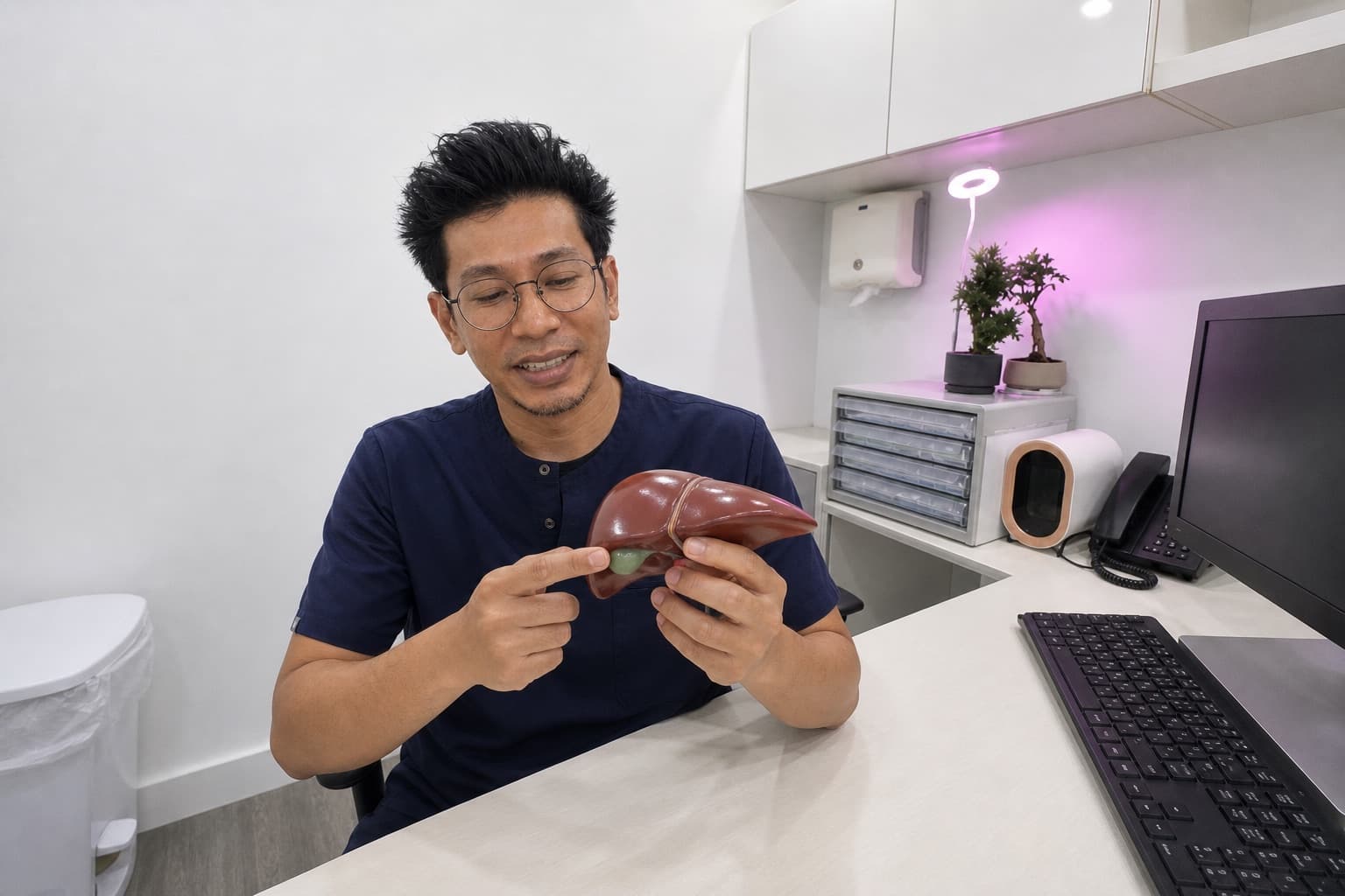 Dr Sulaiman Bin Yusof in navy scrubs, seated at his clinic desk holding an anatomical model of the liver in both hands and pointing at the small green gallbladder tucked underneath it.