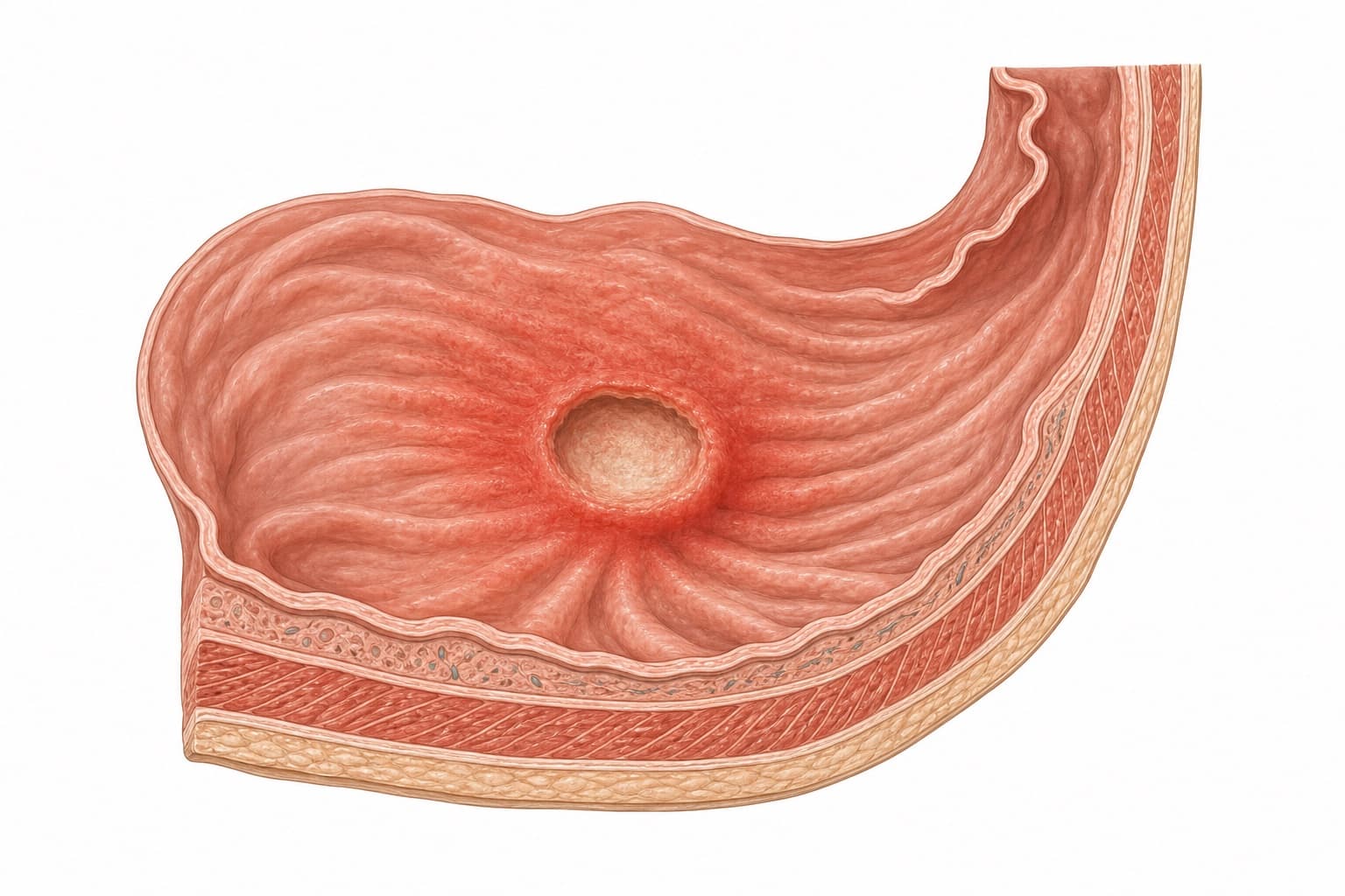 Cross-section illustration of a stomach, showing a round crater eroded through the folded inner lining, with the muscle and outer wall layers visible beneath.