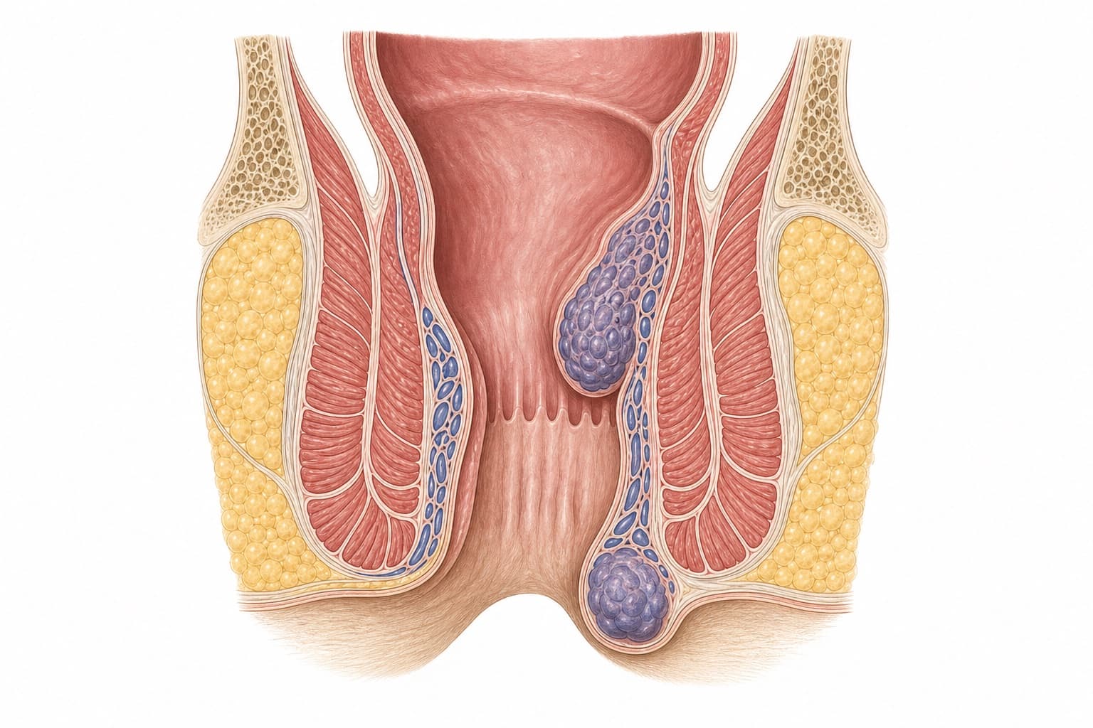 Anatomical cross-section through the back passage. A ring of muscle surrounds the canal. Higher up, above a wavy line across the canal, sits a swollen cluster of veins shown in blue. Lower down, below that line and close to the skin, sits a second separate swollen cluster of veins.