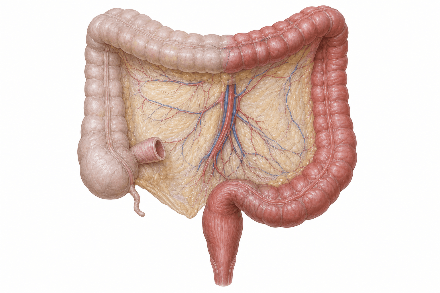 Ilustrasi anatomi usus besar dilihat dari depan. Sekum dan kolon asendens di sebelah kiri gambar, bersama dengan bagian terdekat dari kolon transversum, digambar dengan warna pucat; sisa usus besar hingga rektum berwarna merah muda pekat.