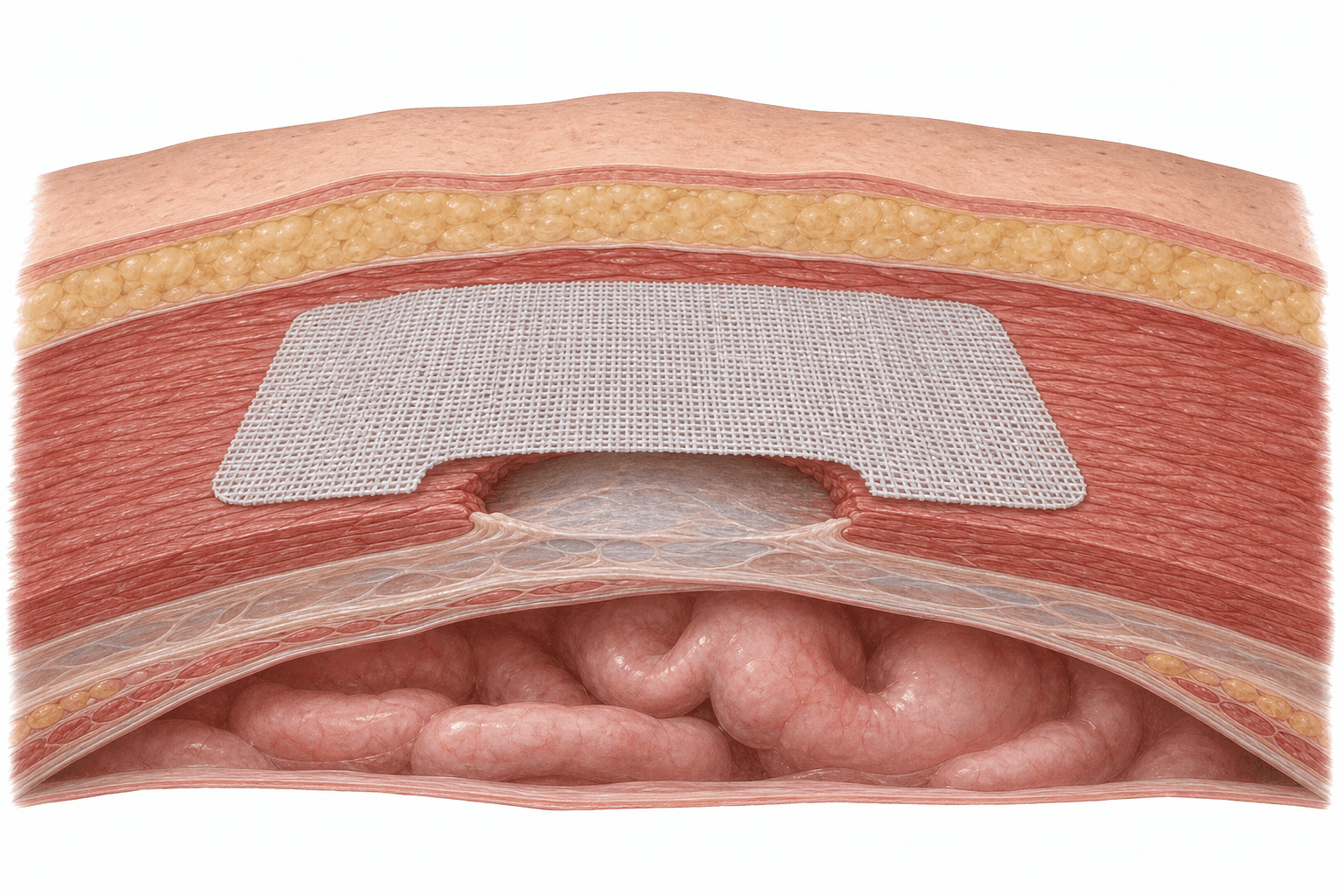 Cutaway illustration through the layers of the abdominal wall: skin, a yellow fatty layer, then a sheet of red muscle with an oval gap in it. A flat white woven mesh lies across the gap and overlaps onto the intact muscle on every side, with loops of bowel visible beneath.