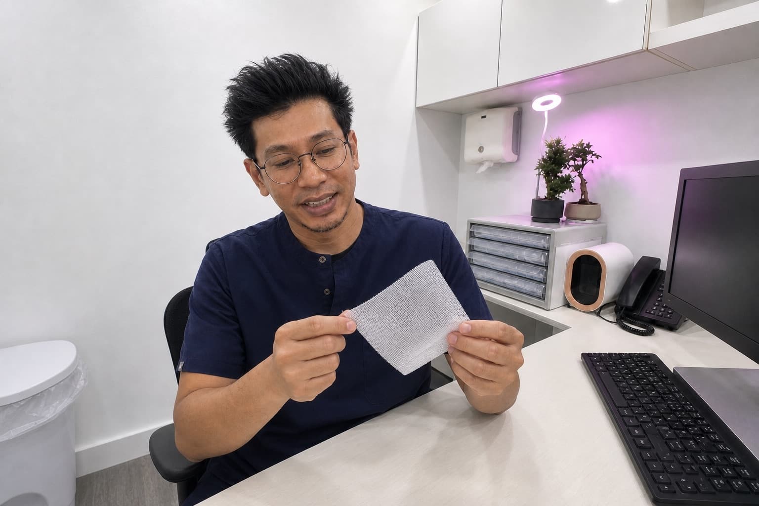 Dr Sulaiman Bin Yusof at his clinic desk holding a square of white surgical mesh between both hands, looking down at it.