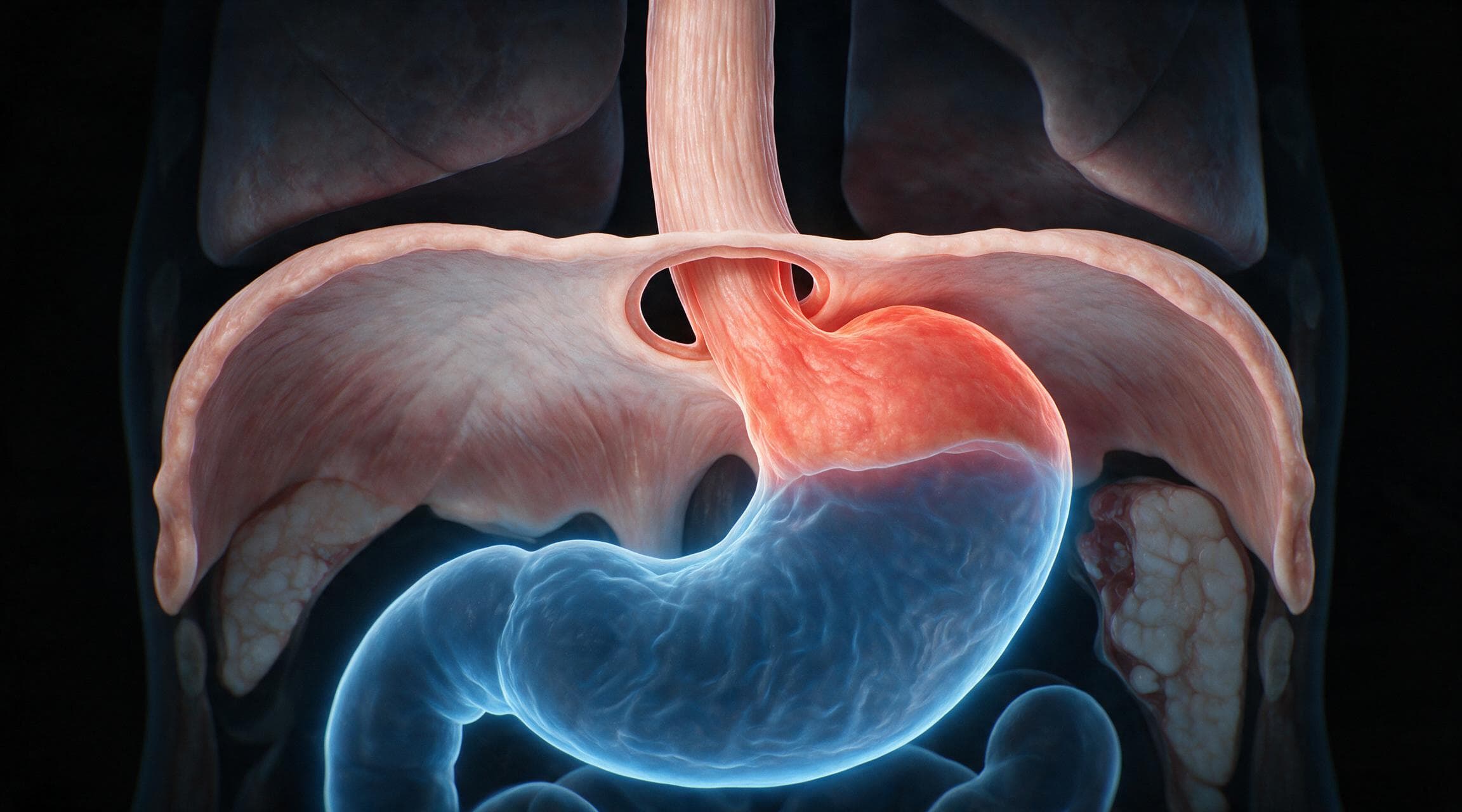 Anatomical cross-section of the chest and upper abdomen. The stomach sits below the diaphragm in translucent blue, and its upper portion has pushed up through the opening in the diaphragm into the chest, that herniated part shown in warm pink and red with the oesophagus running down into it.