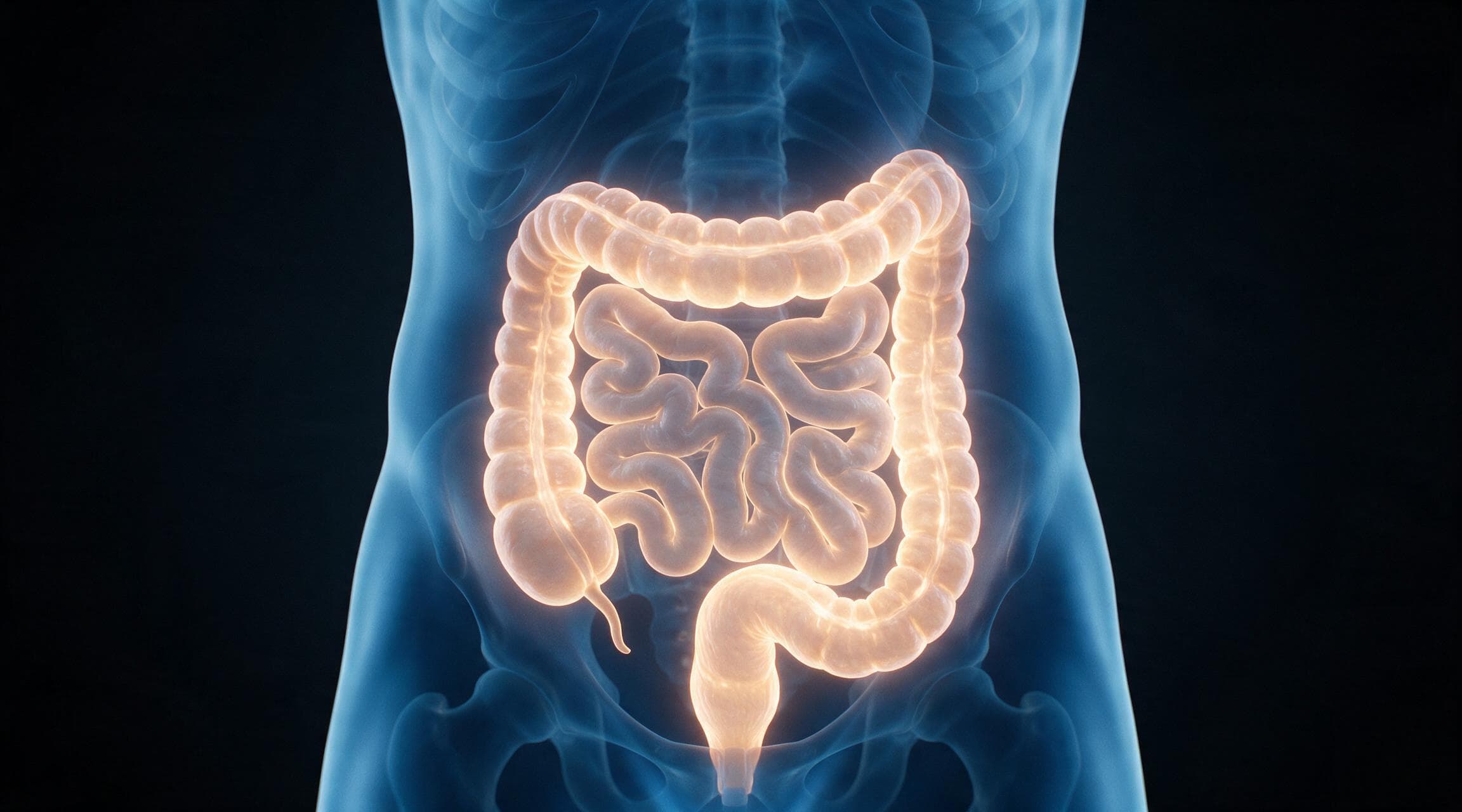 The large intestine drawn inside a translucent blue torso, its whole length outlined in a soft even warm glow. The bowel lining is smooth throughout, with no ulceration, no lesion and no single damaged segment.