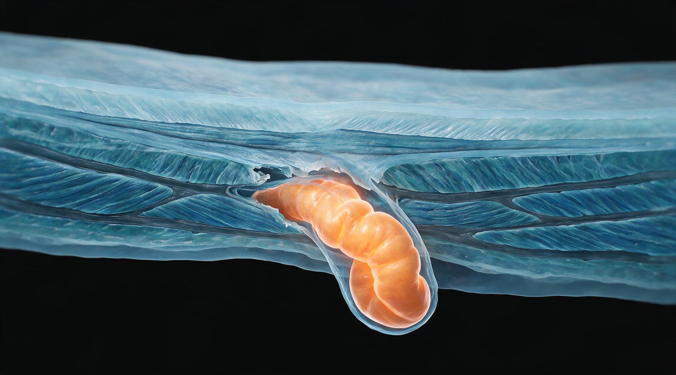 Cross-section through the layered abdominal wall, rendered in translucent blues. A loop of bowel, lit warm orange, has pushed through a split in one of the muscle layers and hangs below it, still wrapped in a thin translucent sac.
