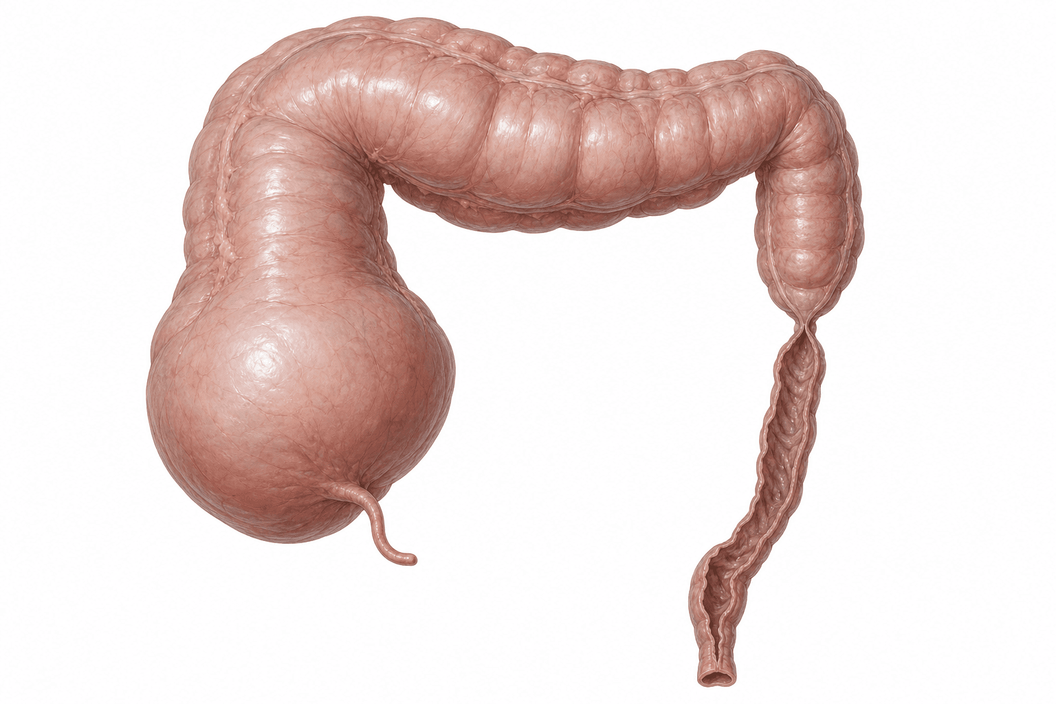 Anatomical illustration of the large bowel seen from the front. At the junction of the descending and sigmoid colon the bowel is pinched to a tight narrow waist. Above it the caecum, ascending colon and transverse colon are stretched to several times their normal width, the caecum widest of all. Below it the sigmoid colon and rectum are collapsed and narrow.
