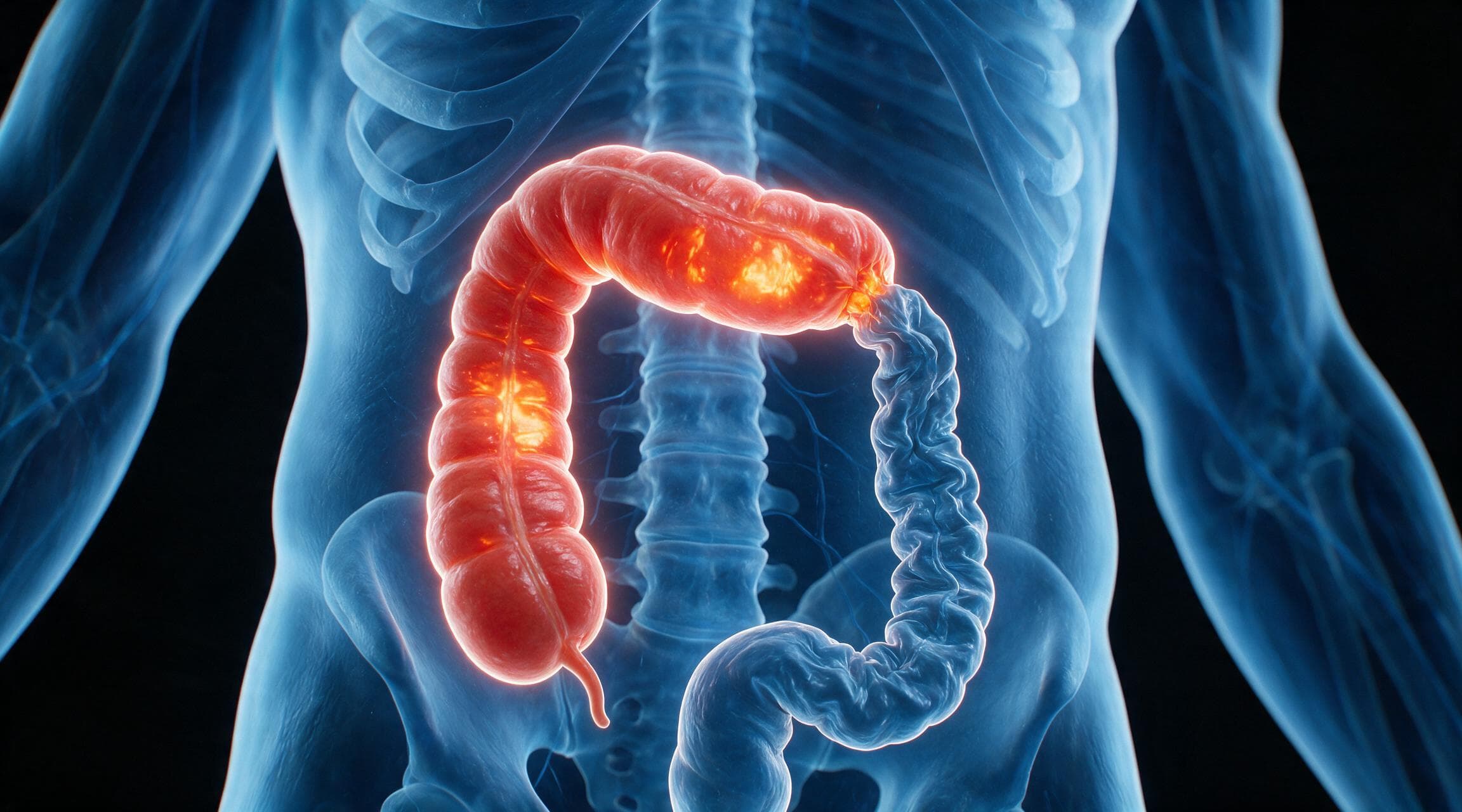 Anatomical rendering of the large intestine inside a translucent blue torso. The stretch of bowel before the blockage is swollen and distended and lit red-orange, while the bowel beyond it is narrow, empty and pale blue.