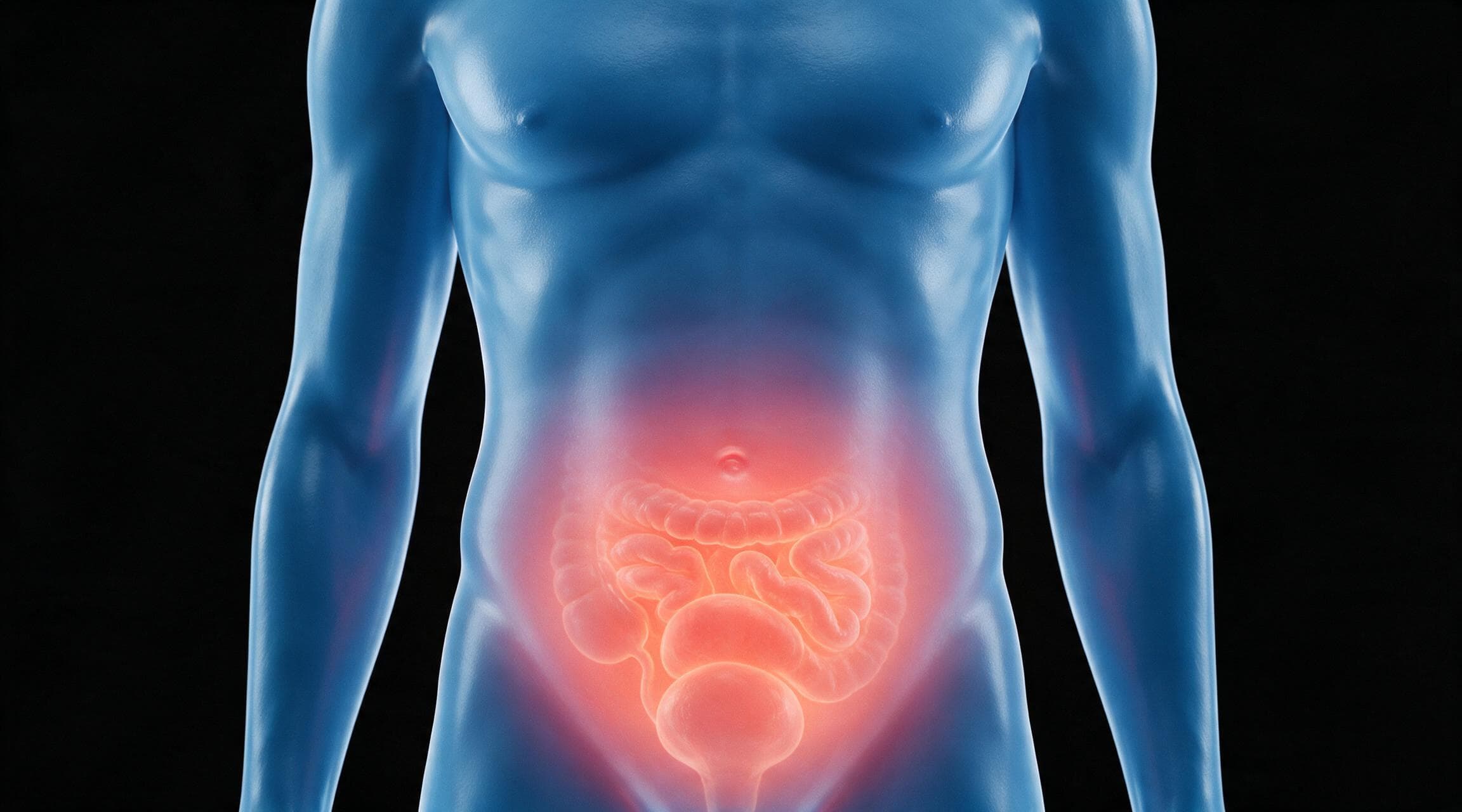A digital medical rendering of a human torso seen from the front, the body translucent blue, with the lower abdomen glowing red to reveal the coiled small and large intestines beneath.