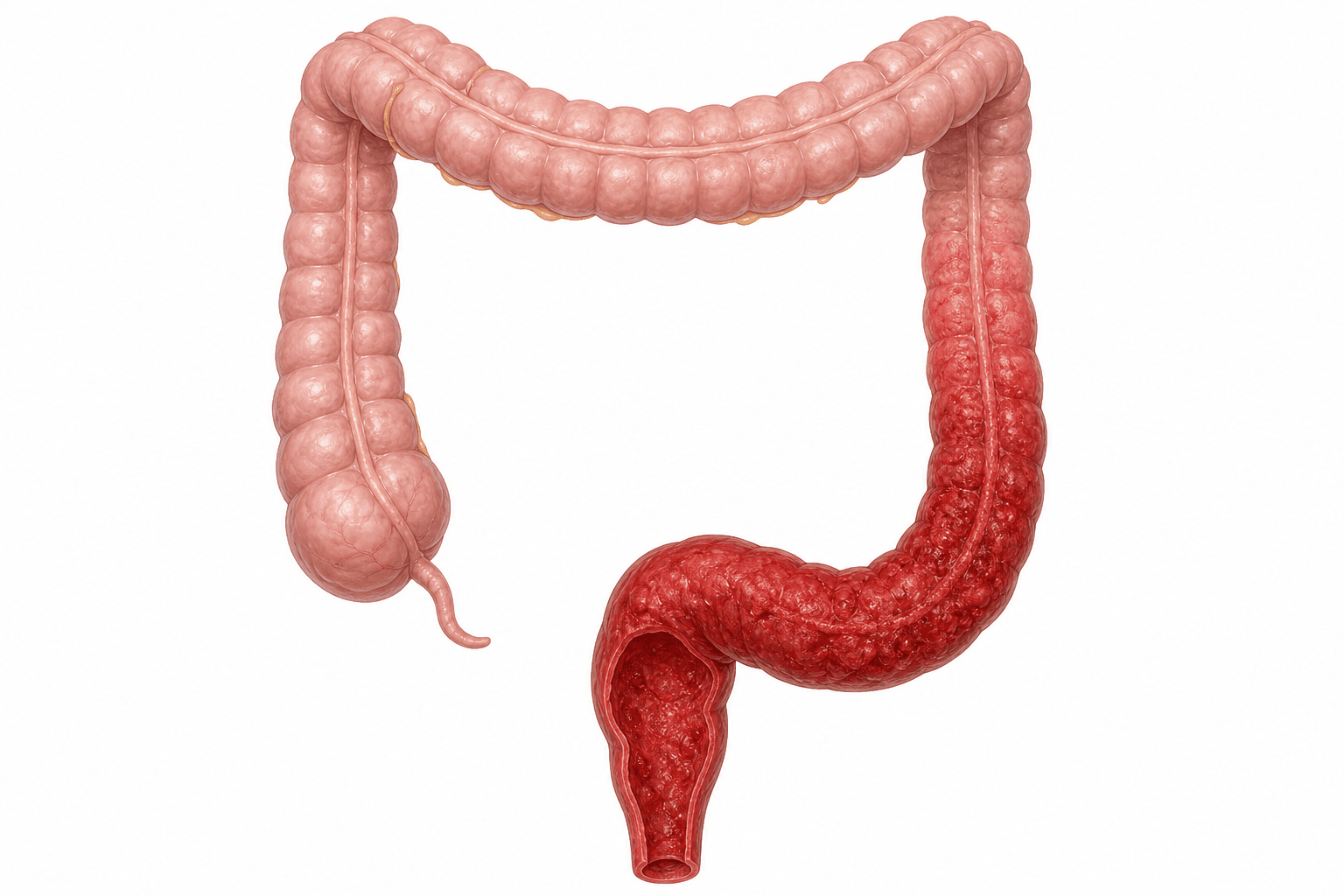 Anatomical illustration of the large bowel seen from the front. The rectum and the sigmoid and descending colon above it are deep red with a roughened inner surface, and that redness runs continuously upward without any break, fading back to ordinary pink around the middle of the transverse colon. The caecum and appendix are normal.