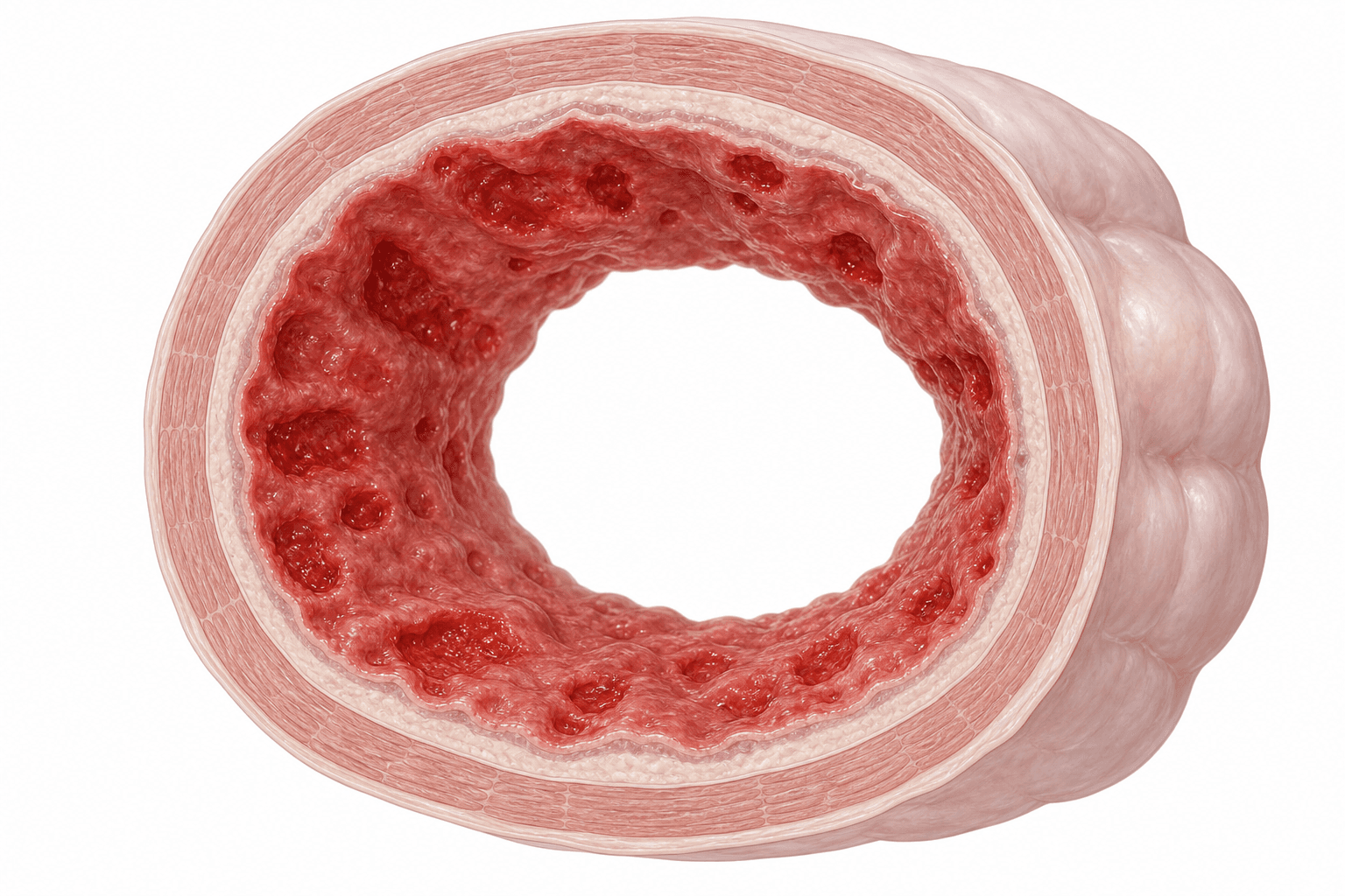 Cross-section illustration of a segment of large bowel. The innermost lining is raw and red and pitted with shallow open sores. Every layer beneath it, the pale layer under the lining, the band of muscle and the outer surface, is normal in colour and normal in thickness, and the channel through the middle is normal width.