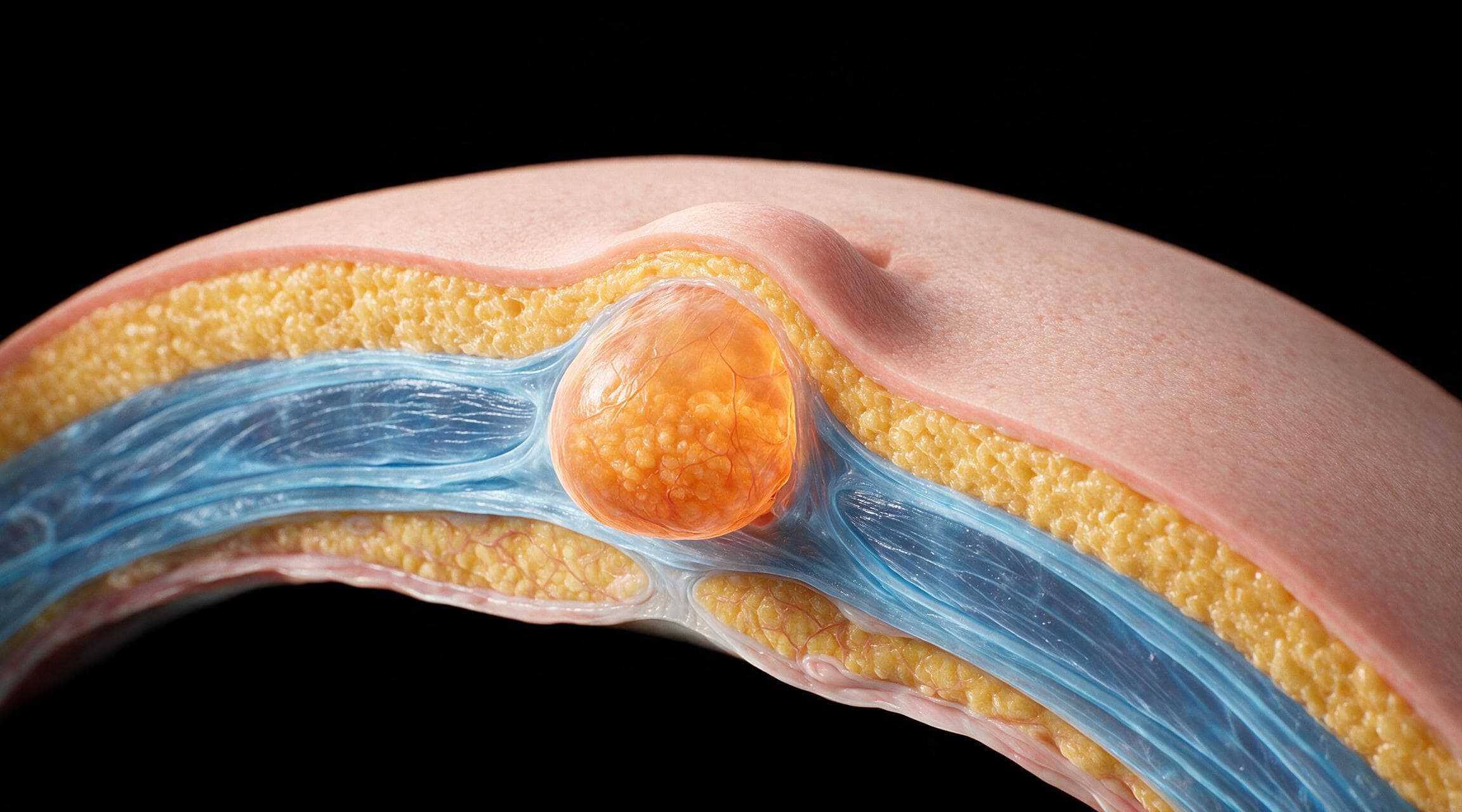 Cross-section through the abdominal wall at the navel, showing the layers of skin, fat and muscle. A rounded sac of tissue has pushed forward through a gap in the muscle layer and is raising the skin above it, the sac lit warm orange.