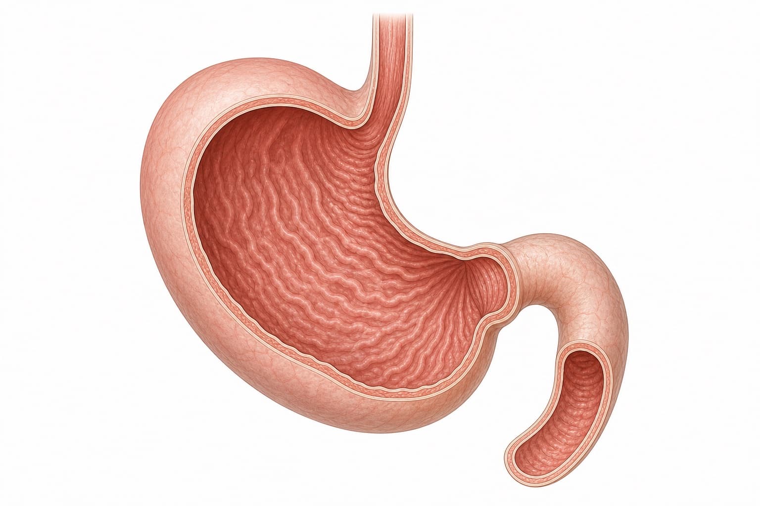 Cutaway illustration of the stomach, showing the oesophagus entering at the top, the folded inner lining, and the exit into the first part of the small intestine.