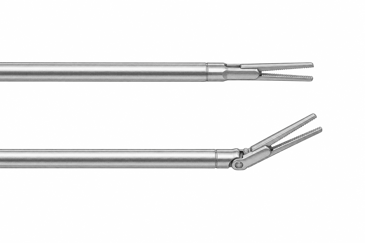 Two slender steel surgical instruments drawn side by side at the same angle. The upper one ends in a straight grasping jaw fixed in line with its shaft. The lower one has a small hinged joint just behind the jaw, so its tip is angled away from the shaft.