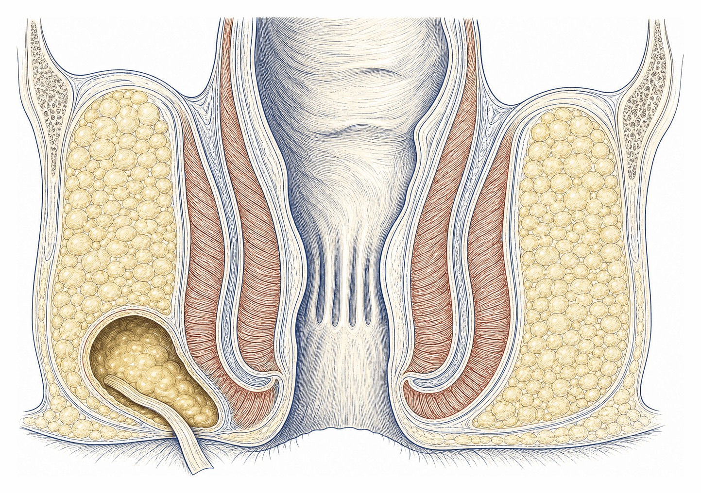 Cross-section of the perianal region showing an abscess cavity in the fatty tissue beside the anal canal, with a flat ribbon wick running out of the cavity through the skin and its end lying outside the body