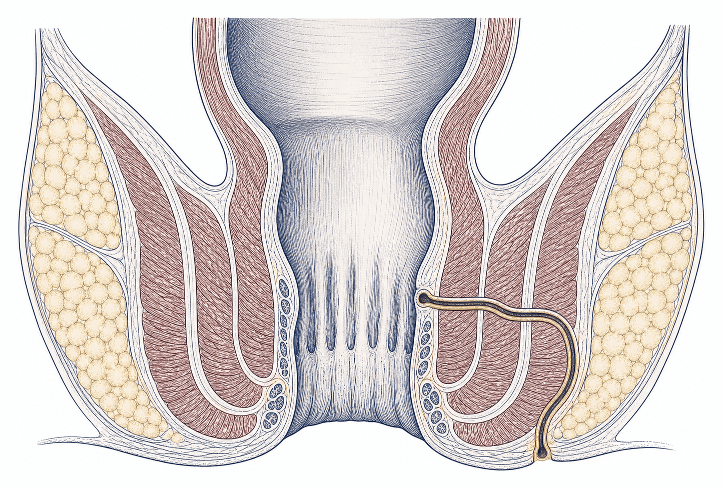 Cross-section of the anal canal showing a fistula tract running from an internal opening in the canal, through the sphincter muscle, to a small external opening in the skin beside the anus