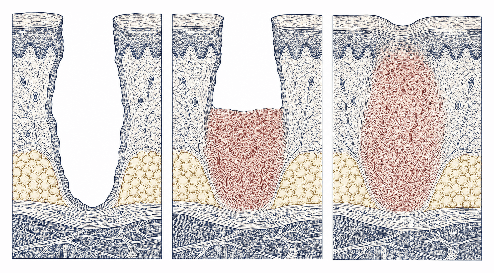 Three panels showing the same wound healing over time: an open cavity, then the cavity half filled with new tissue growing up from its base, then a nearly closed surface with a shallow dip remaining