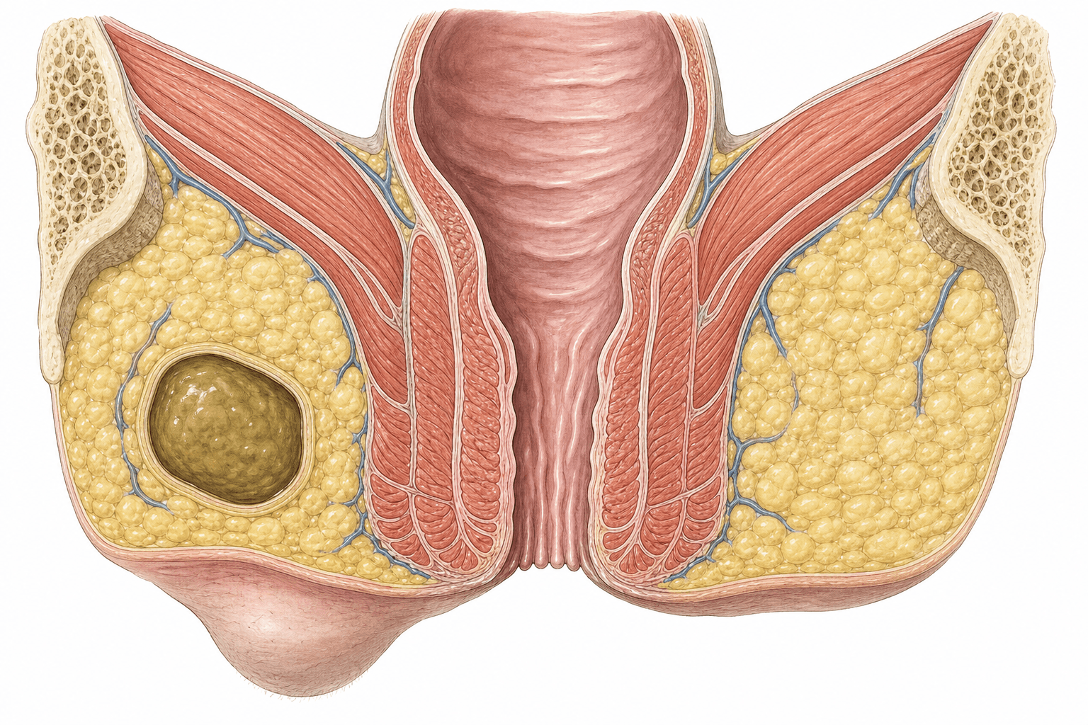 Anatomical cross-section through the anal canal seen from the front. The canal runs down the middle and opens at the skin below. On one side, in the yellow fatty space beside the canal, sits a rounded olive-coloured pocket of pus enclosed on every side by the fat, and the skin beneath that pocket is pushed outward into a smooth swelling.