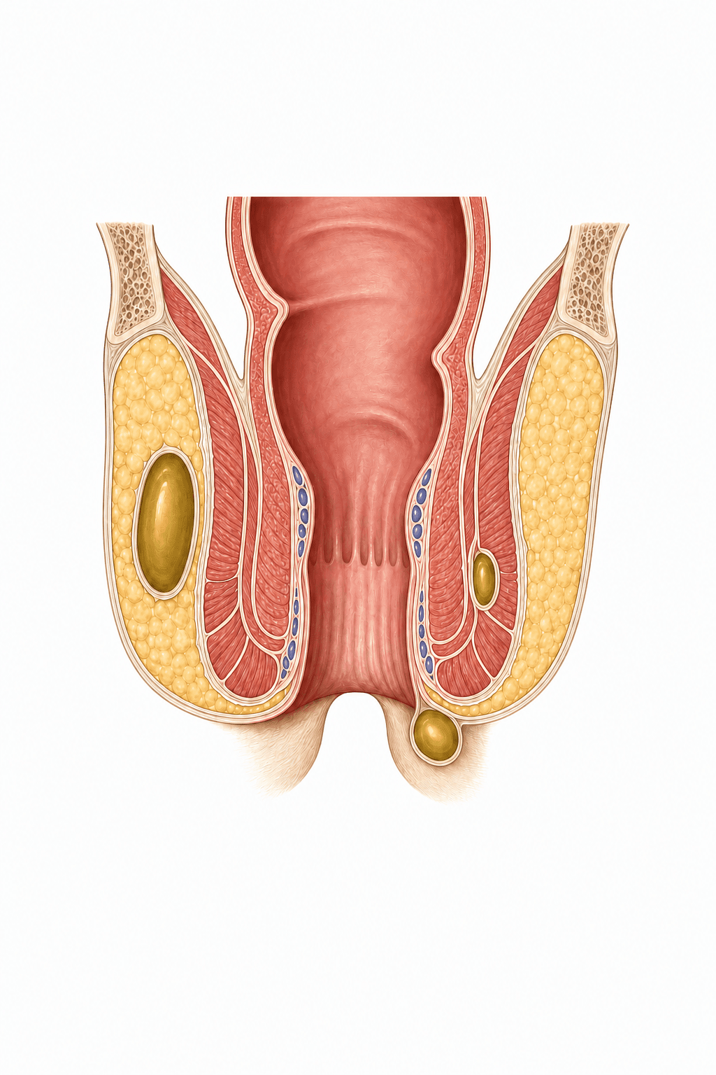 Cross-section of the anal canal showing three abscess pockets: one just under the skin at the anal opening, one deeper in the fatty space beside the sphincter muscles, and one small pocket between the muscle layers