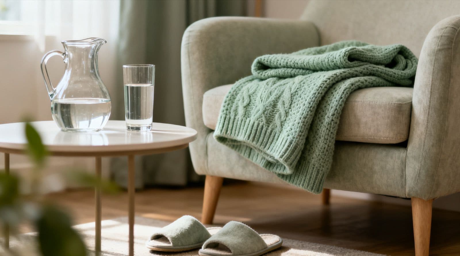 A sage-green armchair with a knitted blanket, and a small round table holding a glass jug of water and a glass of clear liquid, with slippers on the rug.