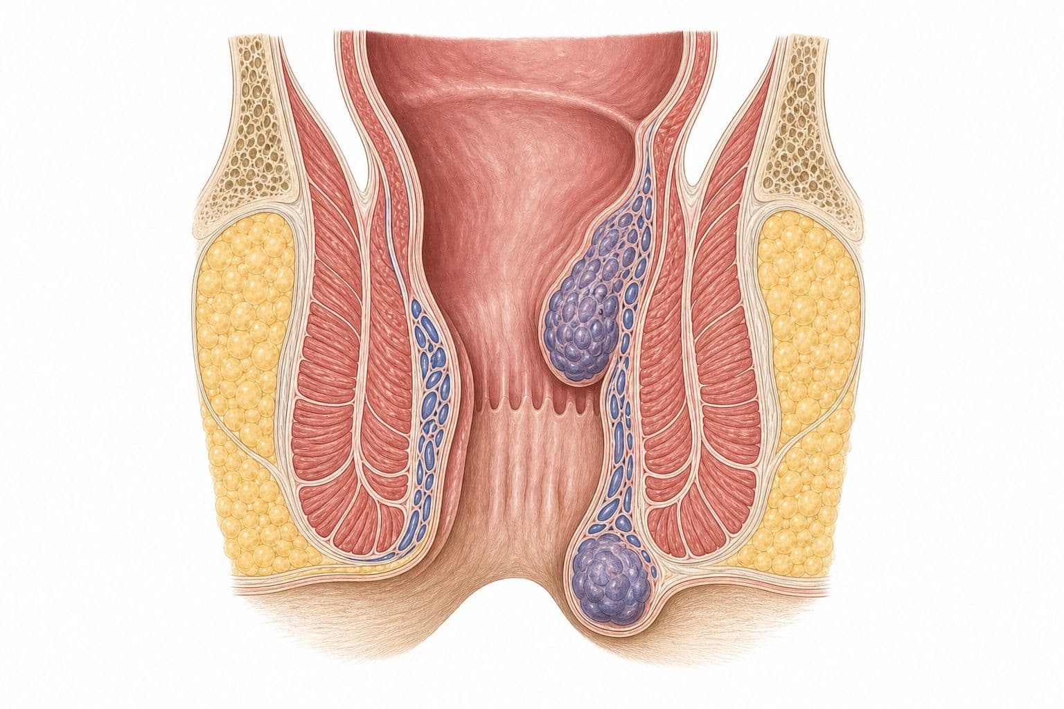 Illustration of the back passage in cross-section, with swollen veins (haemorrhoids) inside the canal and near the skin.