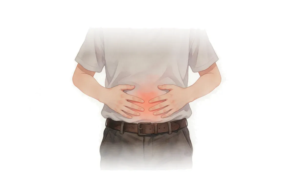Painted illustration of a person holding their abdomen with both hands, the area shaded red.