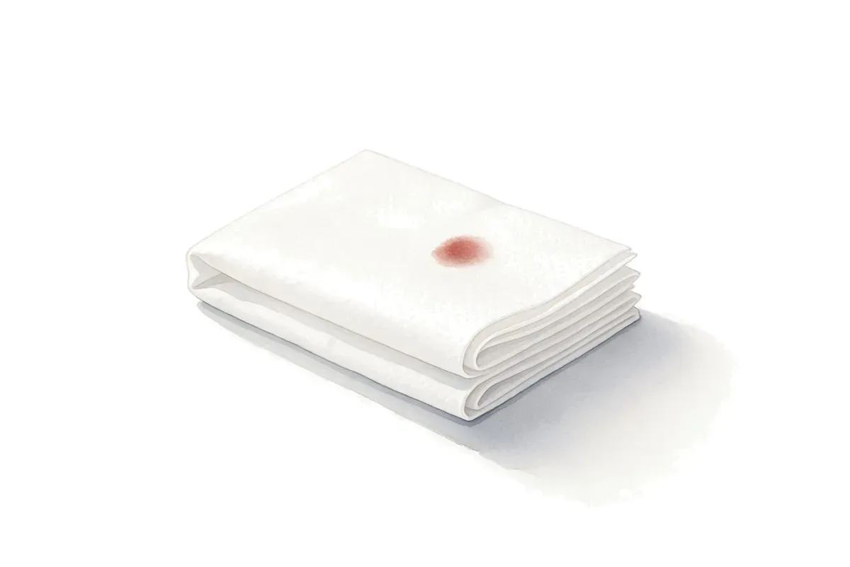 Painted illustration of a small red spot on a folded white tissue.