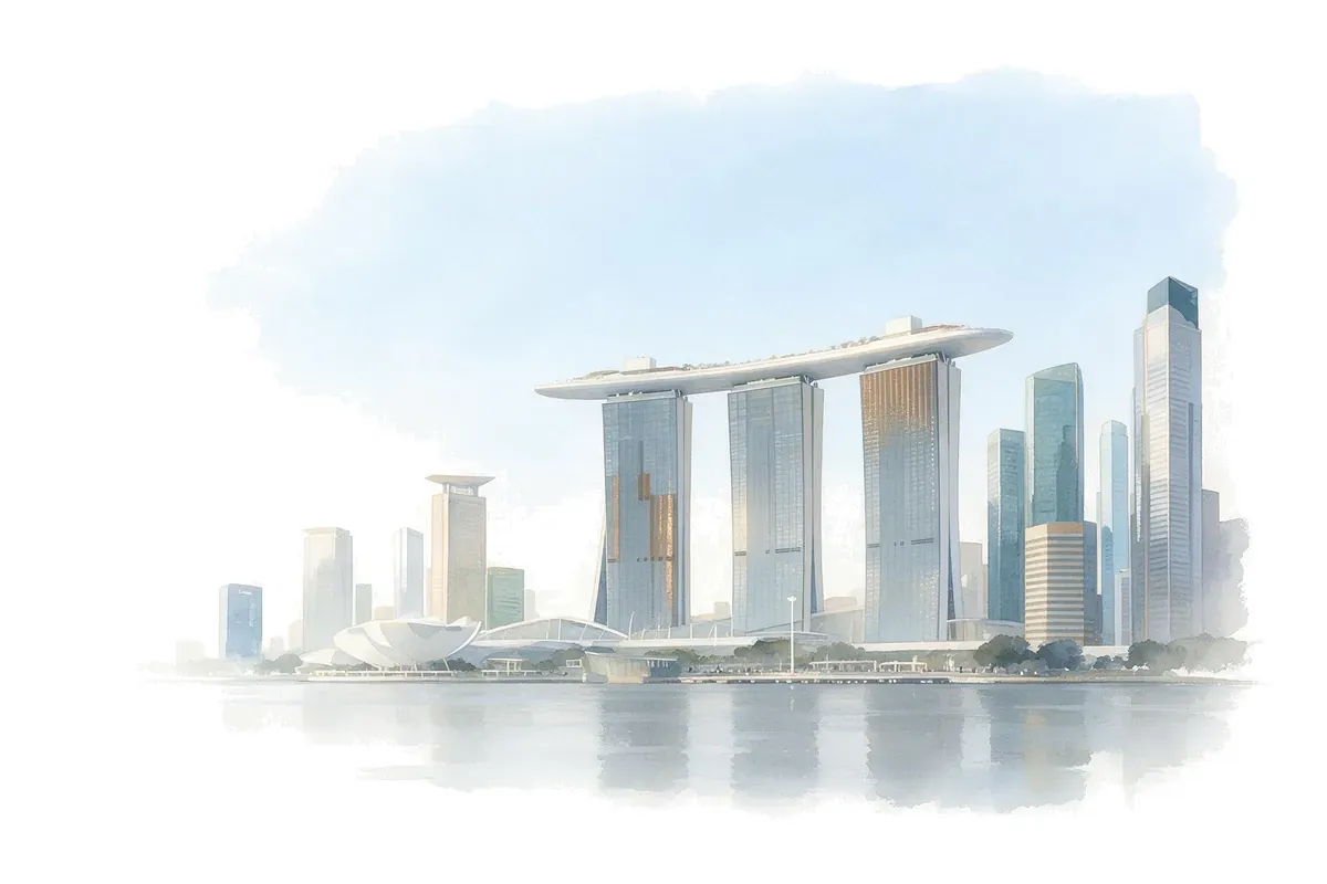 Painted illustration of the Singapore skyline across Marina Bay, with the Marina Bay Sands towers.