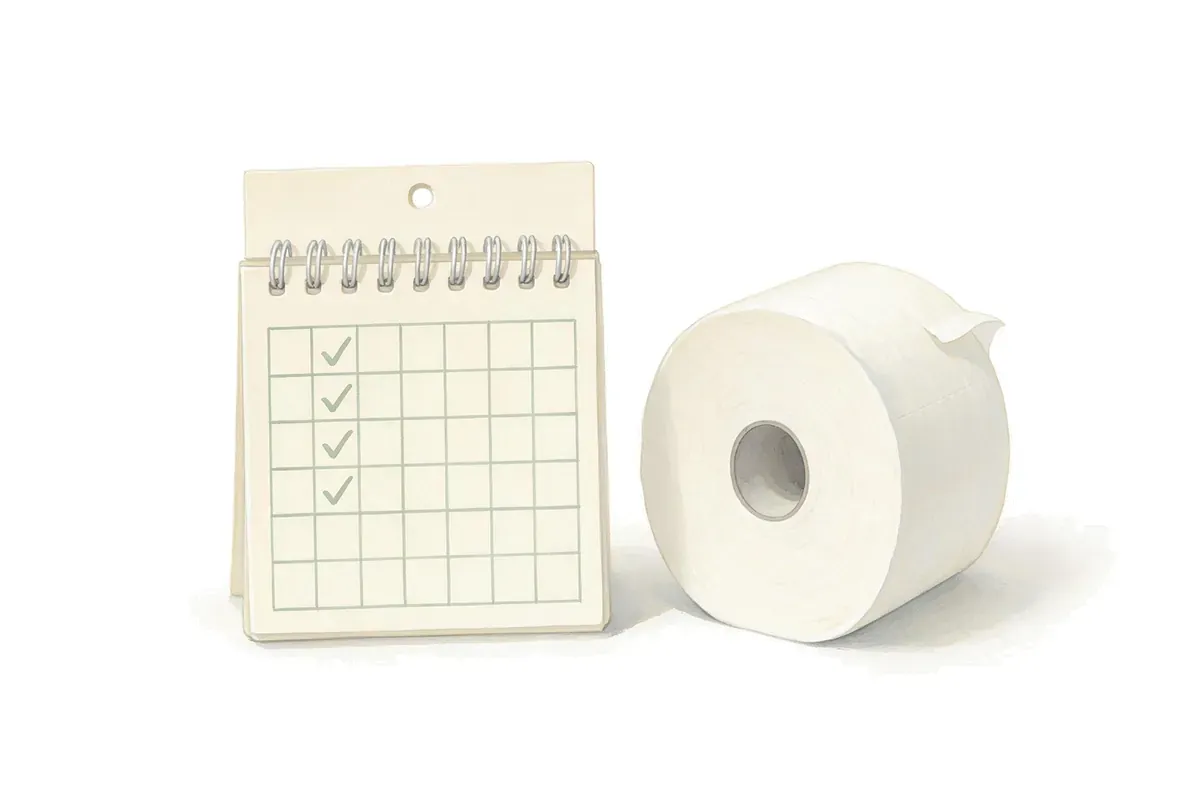 Painted illustration of a wall calendar with several weeks ticked off, beside a roll of toilet paper.
