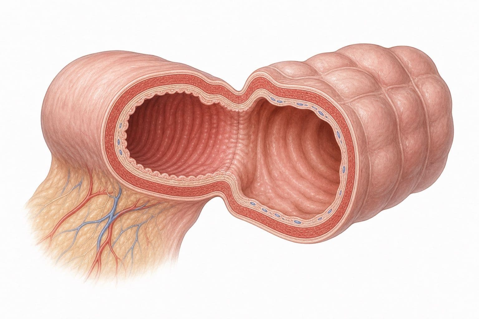 Anatomical illustration of two cut ends of bowel joined together and opened along their length, so the inside of the join is visible as a continuous channel running from one end into the other. Fatty mesentery carrying red and blue vessels runs along the underside.