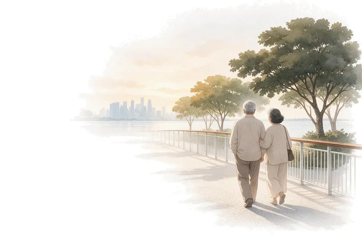 Painted illustration of an older couple walking along a waterfront promenade at sunset, seen from behind.
